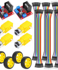 Dual H Bridge Motor Driver Board Kit For Arduino With Four DC Motors And Smart Car Wheels Two Motor Drive Modules And Sixty Jumper Wires PWM Control For Do It Yourself RC Car And Robot Projects