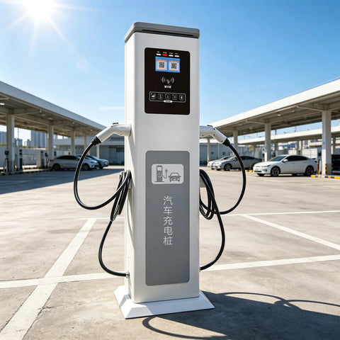 Commercial Dual Port EV Charger Station For Garages Apartments And Workplaces Outdoor Parking Hella Tough Level Two Electric Vehicle Charging Hub With Smart App Monitoring And Weatherproof Build in outdoor parking lot.