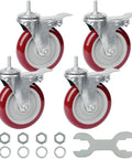 Finnhomy 5in swivel caster wheels with threaded stems and brakes, red polyurethane, set of 4 with mounting hardware.