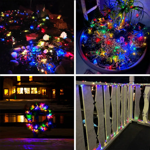Outdoor Solar String Lights 4 Pack Each 72ft 200 LED Copper Wire Fairy Lights displayed in garden, planter, wreath and deck