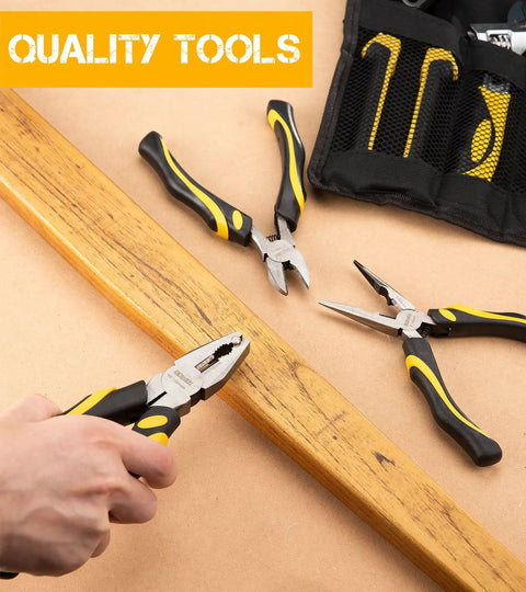 All In One 8 Piece Pliers And Tools Set With Hammer And Pouch Includes 10 Inch Groove Joint Pliers 8 Inch Adjustable Wrench 8 Inch Linesman Pliers 6 Inch Needle Nose Pliers 6 Inch Diagonal Cutters And Two Screwdrivers displayed in use