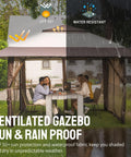 Easy Setup 13x13 Pop Up Gazebo With Wheeled STO-N-Go Cover Bag, showing sun and rain proof features over outdoor dining area.