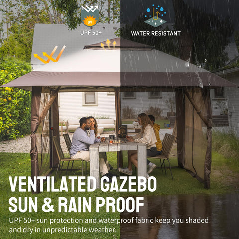 Easy Setup 13x13 Pop Up Gazebo With Wheeled STO-N-Go Cover Bag, showing sun and rain proof features over outdoor dining area.