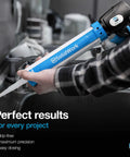 Person using Premium Hand Caulk Gun With 24 To 1 Adjustable Thrust Ratio Dripless Caulking Tool For 10 Ounce Cartridges Durable Blue