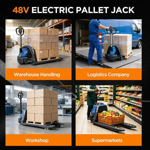 Heavy Duty 4400 Lbs Full Electric Pallet Jack Truck With 48V 20AH Fast Charging Lithium Battery And 6 Hour Runtime For Tough Warehouse Moves in use transporting pallets in a warehouse.