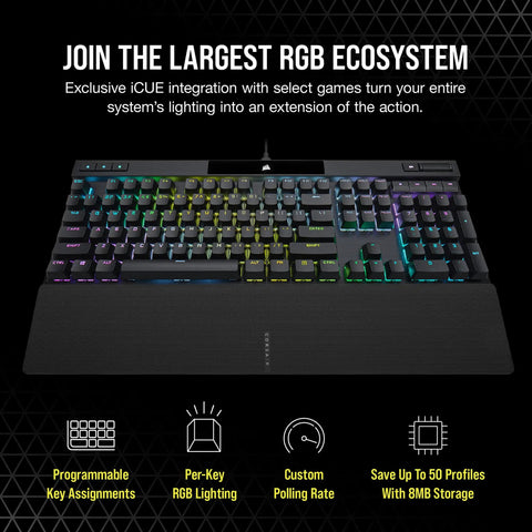 Elite Mechanical Gaming Keyboard With Cherry MX Red Switches And Fire Per Key RGB Lighting features customizable keys and vibrant lighting.