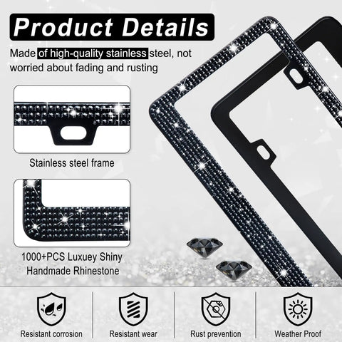 Two Pack Bling License Plate Frame For Women, Rhinestone Crystal Embellished Premium Stainless Steel Car Accessory With Diamond Glitter Caps