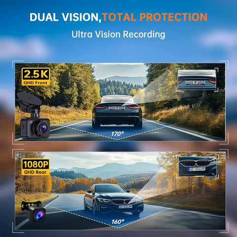 Front And Rear Dash Cam 2.5K Dual Car Camera With 2560x1440 Front And 1080P Rear Night Vision diagram showing coverage angles