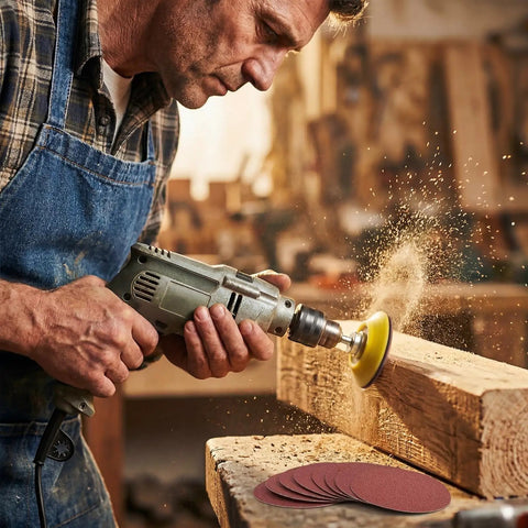 Craftsman using Pro Grade 320 Piece 3 Inch Sanding Discs Kit With 16 Grits Hook And Loop Backer Plates in woodworking shop