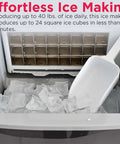 Big Capacity Clear Ice Maker For Home Bar 40 Lbs Output Stainless Steel Creates Crystal Clear Square Ice Cubes Fast For Beers Sodas And Cocktails A Game Changer Countertop Ice Machine showing ice production tray with cubes and scoop