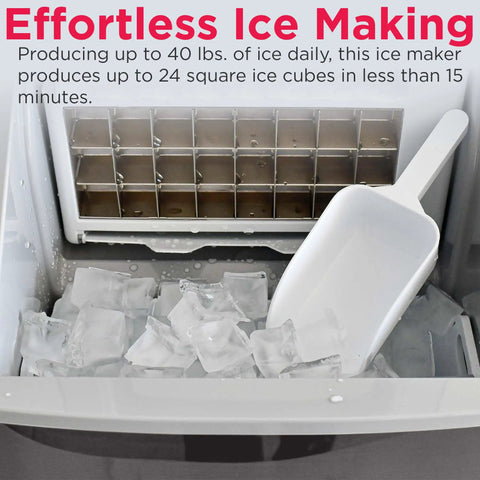 Big Capacity Clear Ice Maker For Home Bar 40 Lbs Output Stainless Steel Creates Crystal Clear Square Ice Cubes Fast For Beers Sodas And Cocktails A Game Changer Countertop Ice Machine showing ice production tray with cubes and scoop