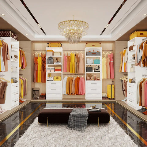Walk In Closet Organizer Tower With Adjustable Shelves And Four Expandable Hanging Rods, Modular Drawer Closet System In White