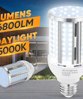 Six Pack 54W LED Corn Light Bulbs With E26 E27 Medium Base, 6800 Lumens, 5000K Daylight, 480W Equivalent, Fanless Design