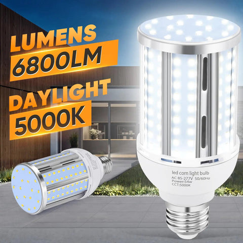Six Pack 54W LED Corn Light Bulbs With E26 E27 Medium Base, 6800 Lumens, 5000K Daylight, 480W Equivalent, Fanless Design