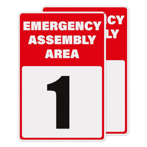 Two Pack Emergency Assembly Area Signs 18 By 12 Inches Aluminum Reflective Safety Signage With Pre Drilled Holes For Business Construction Site Warehouse And Evacuation Guidance