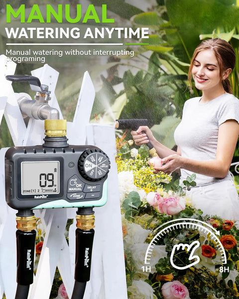 Woman adjusting Two Zone Sprinkler Timer With Brass Inlet And Outlet For Garden Hose All In One Watering System With Rain Delay