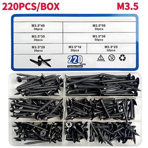 220 Piece Dang Tough Carbon Steel Phillips Pan Head Wood Screws Assortment Kit in a divided case with various sizes.
