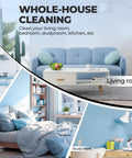 Collage of rooms for whole-house cleaning, including a living room, kitchen, bedroom, and study room with cleaning products