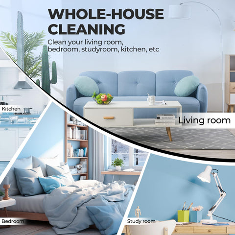 Collage of rooms for whole-house cleaning, including a living room, kitchen, bedroom, and study room with cleaning products