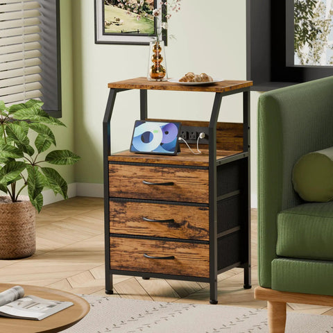 Night Stand With Built In Charging Station And USB Ports, 28.3 Inch Tall Bedside Table With Wood Shelf And 3 Fabric Drawers, Rustic Brown