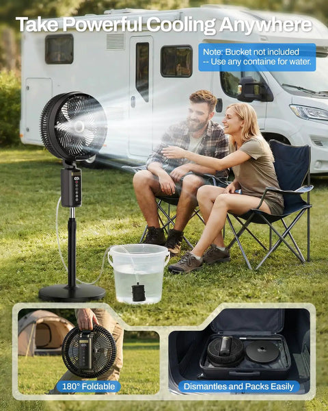 No Hose Needed Misting Fan With Built In Pump 12 Inch Portable Outdoor Oscillating Pedestal Fan With Remote And Timer Spray Mist System For Patio Or Bedroom 30000mAh Rechargeable Battery Keeps Ya Cool All Day, shown with two people outdoors by a motorhome.