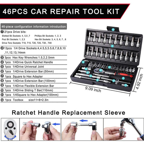 46-piece tool kit with sockets displayed, Heavy Duty Drive Socket Set With SAE And Metric Sizes in blow-molded case