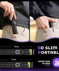 Ultra Bright 395nm UV Flashlight With LCD Display and USB C Rechargeable shown in pants pocket, compact and portable design