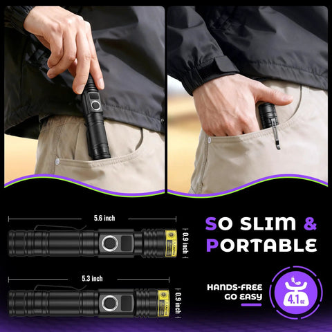 Ultra Bright 395nm UV Flashlight With LCD Display and USB C Rechargeable shown in pants pocket, compact and portable design