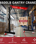 3 Ton Portable Gantry Crane With 8.53 Ft Wide Span lifting a 6600 lb crate, used in warehouses, features adjustable height and manual trolley.