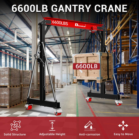 3 Ton Portable Gantry Crane With 8.53 Ft Wide Span lifting a 6600 lb crate, used in warehouses, features adjustable height and manual trolley.