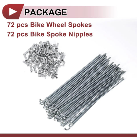 72 Piece 14G Bicycle Spokes Set 121mm For 26 Inch And 700c Wheels, Carbon Steel Galvanized Silver Tone with Nipples