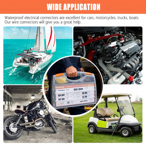 Weather Pack Connector Kit With Ratchet Crimping Tool for automotive, motorcycle, boat wiring showcased in use scenarios.