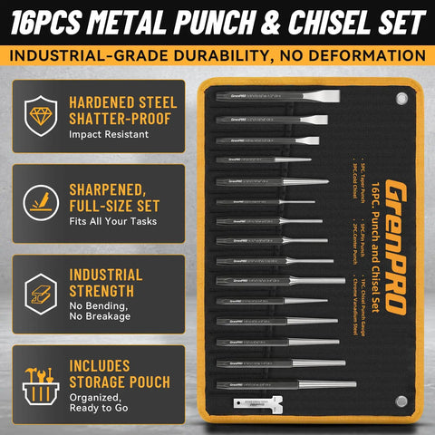 16 Piece Metal Punch And Chisel Set For Wood And Auto Projects With Precision Sharpened Edges, Heavy Duty And Impact Resistant