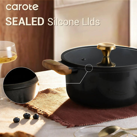 Nonstick Ceramic Cookware Set 16-Piece For Home And Camping Includes 9.5 Inch And 11 Inch Fry Pans 3 Qt Saucepan on table