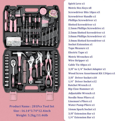 281 Piece Home Tool Kit Portable Hand Tool Set For Home And Auto Repairs Includes Tool Box With Socket Wrench Set Slotted And Phillips Screwdrivers Hex Keys Pliers Tape Measure Spirit Level And Wire Stripper, pink 2-case set