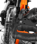 Pro Level 15 Amp 12 Inch Dual Bevel Sliding Compound Miter Saw With Crisp Led Cutline Guide close-up of handle and motor.