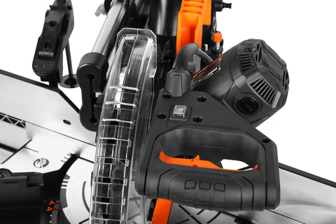 Pro Level 15 Amp 12 Inch Dual Bevel Sliding Compound Miter Saw With Crisp Led Cutline Guide close-up of handle and motor.
