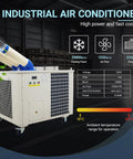 Heavy Duty Industrial Spot Cooler 29800 Btu Portable Ac Unit 220 Volt showing cooling specs and features in a warehouse setting.