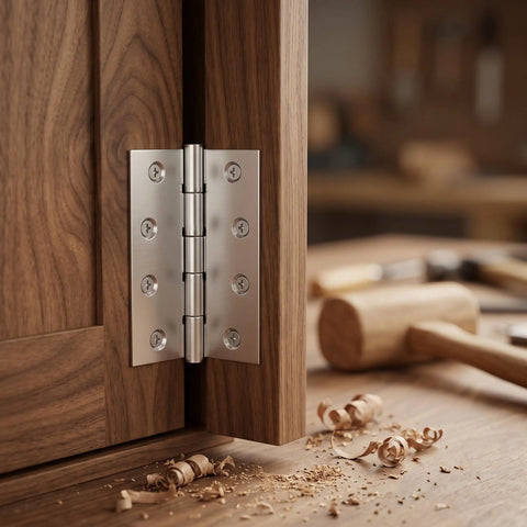 24 Pack 3.5 Inch Stainless Steel Folding Butt Hinges with Mounting Screws, shown on a wooden cabinet, smooth and silent operation