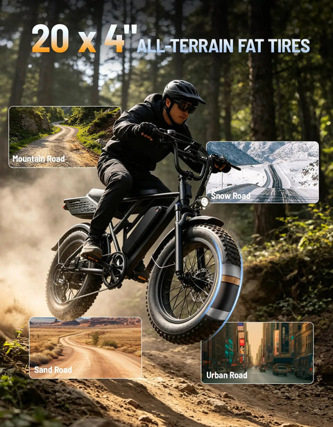 Rider on RetroVolt Electric Bike For Adults With 2000W Peak Power And 30 MPH Top Speed 48V 13Ah Battery, fat tires on forest trail