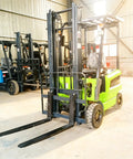 3300 To 6000 Lb Electric Stacker Forklift For Warehouses Powering Logistics With Battery Operated Material Handling Lift Truck Storage Centers, side view in warehouse.