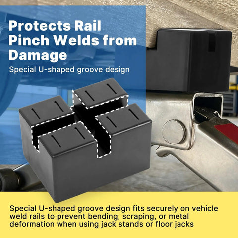 Heavy Duty Pinch Weld Jack Pad 4 Pack Built Tough Solid Rubber Auto Lift Blocks For Jacks And Stands 4 By 3 By 2.4 Inches Rail Protector And Bracket 3000 Lb Capacity Durable Stable Vehicle Lifting showing special U-shaped groove design on car rail