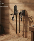 Vertical Wall Mounted Tool Rack For Garage And Workshop Space Saving Hand Tool Organizer With Easy Access Heavy Duty Iron Wall Mount Keeps Tools Off Floor And Within Reach installed with tools hanging, showing iron construction and space-saving design.