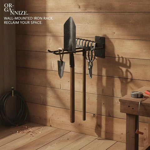 Vertical Wall Mounted Tool Rack For Garage And Workshop Space Saving Hand Tool Organizer With Easy Access Heavy Duty Iron Wall Mount Keeps Tools Off Floor And Within Reach installed with tools hanging, showing iron construction and space-saving design.