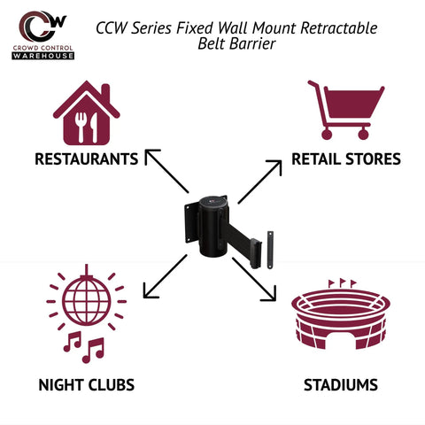 Fixed Wall Mount Retractable Belt Barrier for restaurants, retail, night clubs, stadiums; black steel, yellow-black stripes.