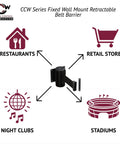 WMB-125 Fixed Wall Mount Retractable Belt Barrier shown with use cases for restaurants, retail stores, night clubs, and stadiums.