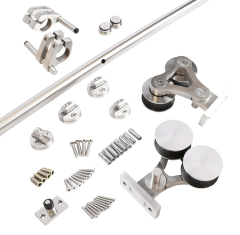 Apex Stainless Steel Sliding Barn Door Hardware Kit 8 Foot Track Double Door Kit With Top Mount Rollers Close To Wall Design