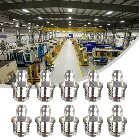 Heavy Duty 201 Stainless Steel Straight Hydraulic Grease Fittings With Exact M10 X 1mm Thread Fits Auto Truck And Machinery Rust Resistant Leaking Proof Built To Last Through Industrial Jobs Saving Money And Keeping Your Equipment Safe And Works Great. 10-pack on factory floor
