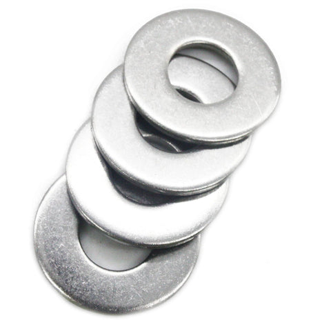 Five stainless steel flat Fender washers, 1 in outer diameter, 0.080 in thick