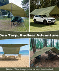 Big Ol 17x10 Ft Camping Tarp Shelter Waterproof UV-Resistant Rain Fly For Hammocks And Tents set up in various outdoor locations